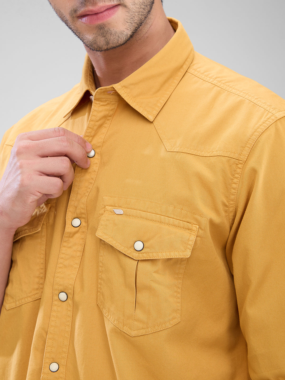 Spykar Sulphur Yellow Cotton Full Sleeve Raised Collar Shirt For Men