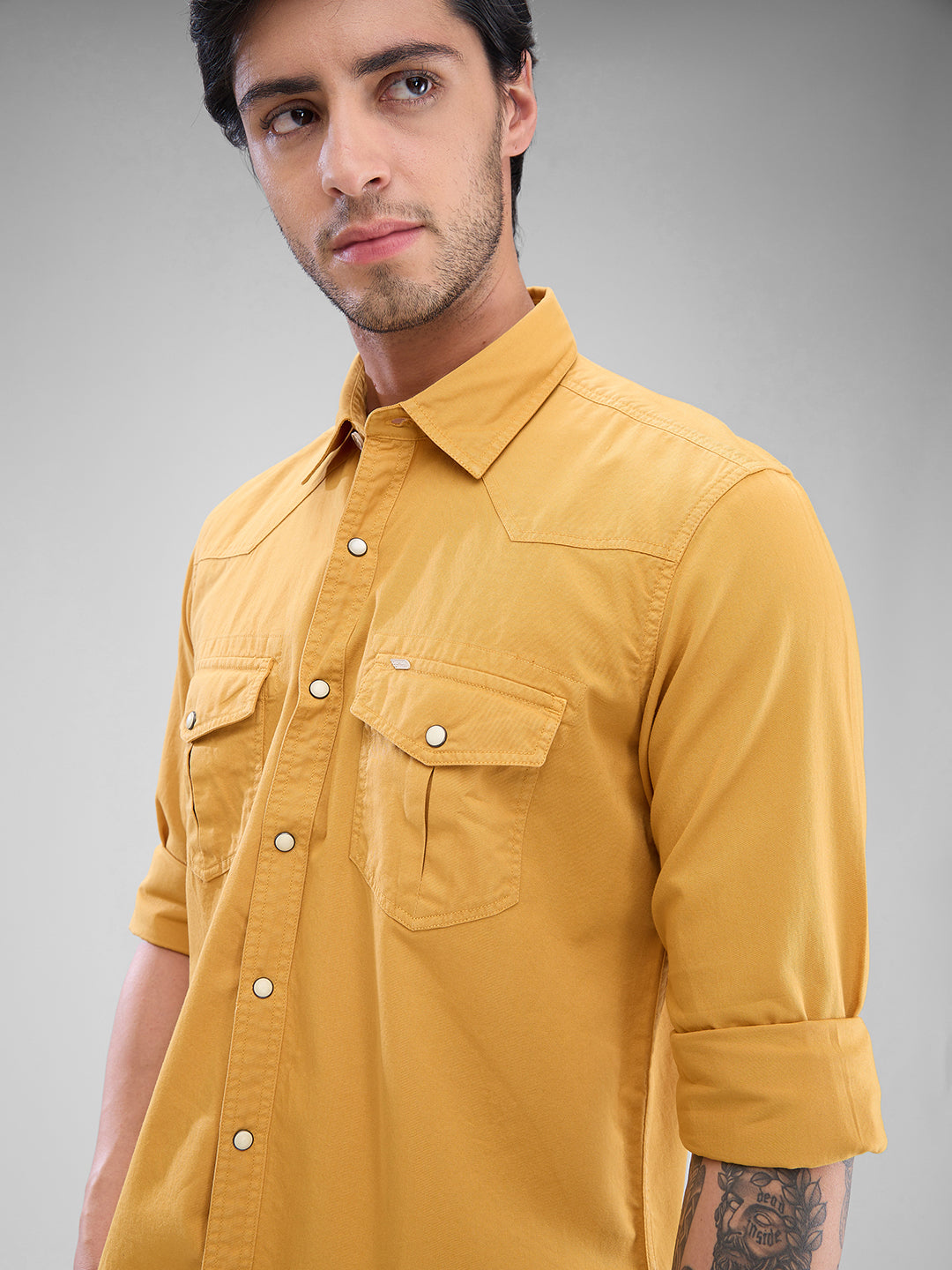 Spykar Sulphur Yellow Cotton Full Sleeve Raised Collar Shirt For Men