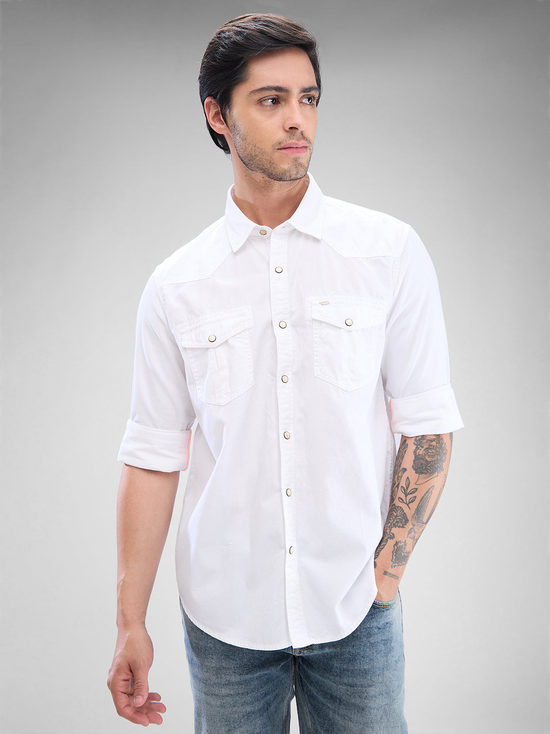 Spykar White Cotton Full Sleeve Raised Collar Shirt For Men