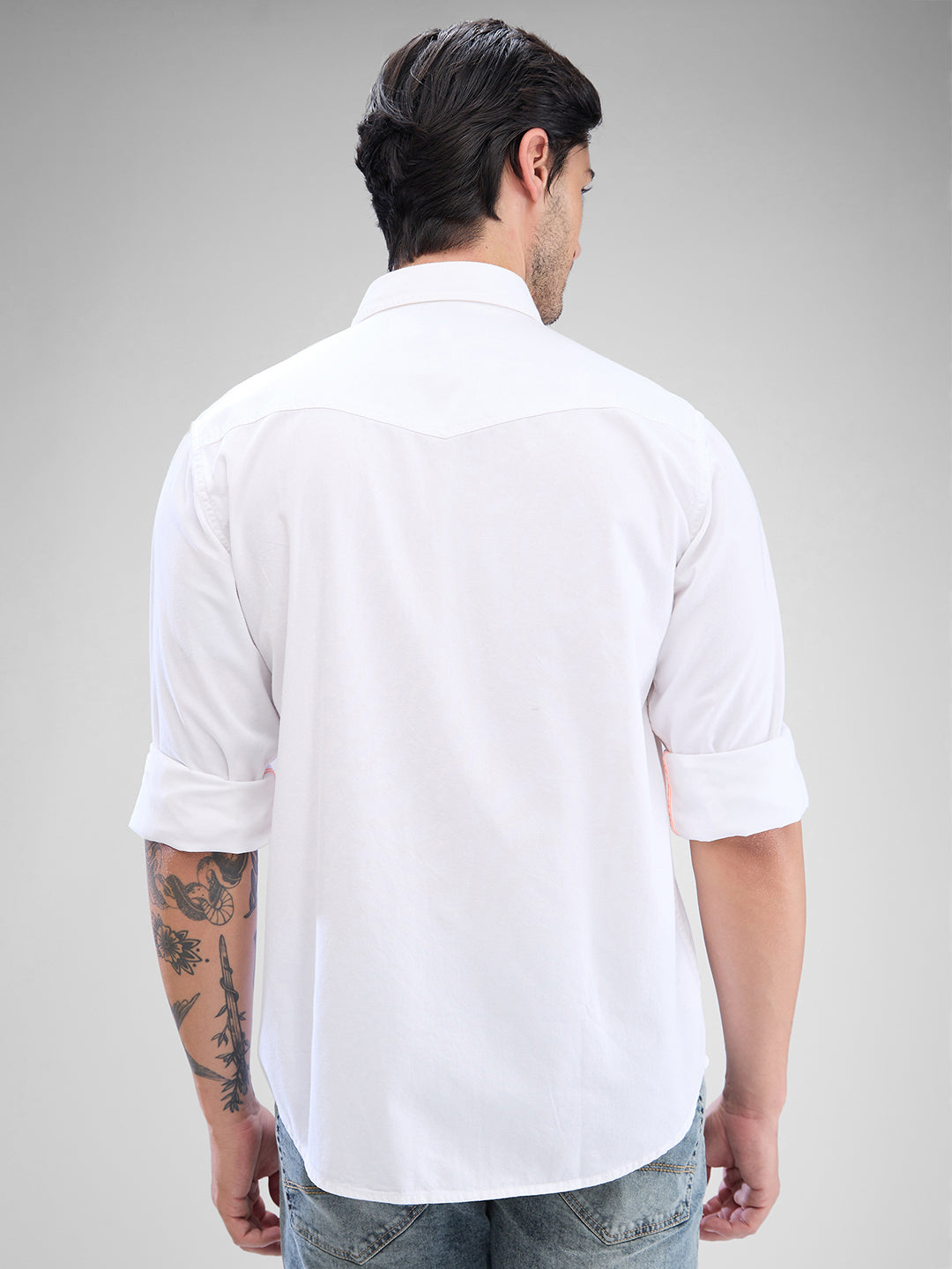 Spykar White Cotton Full Sleeve Raised Collar Shirt For Men