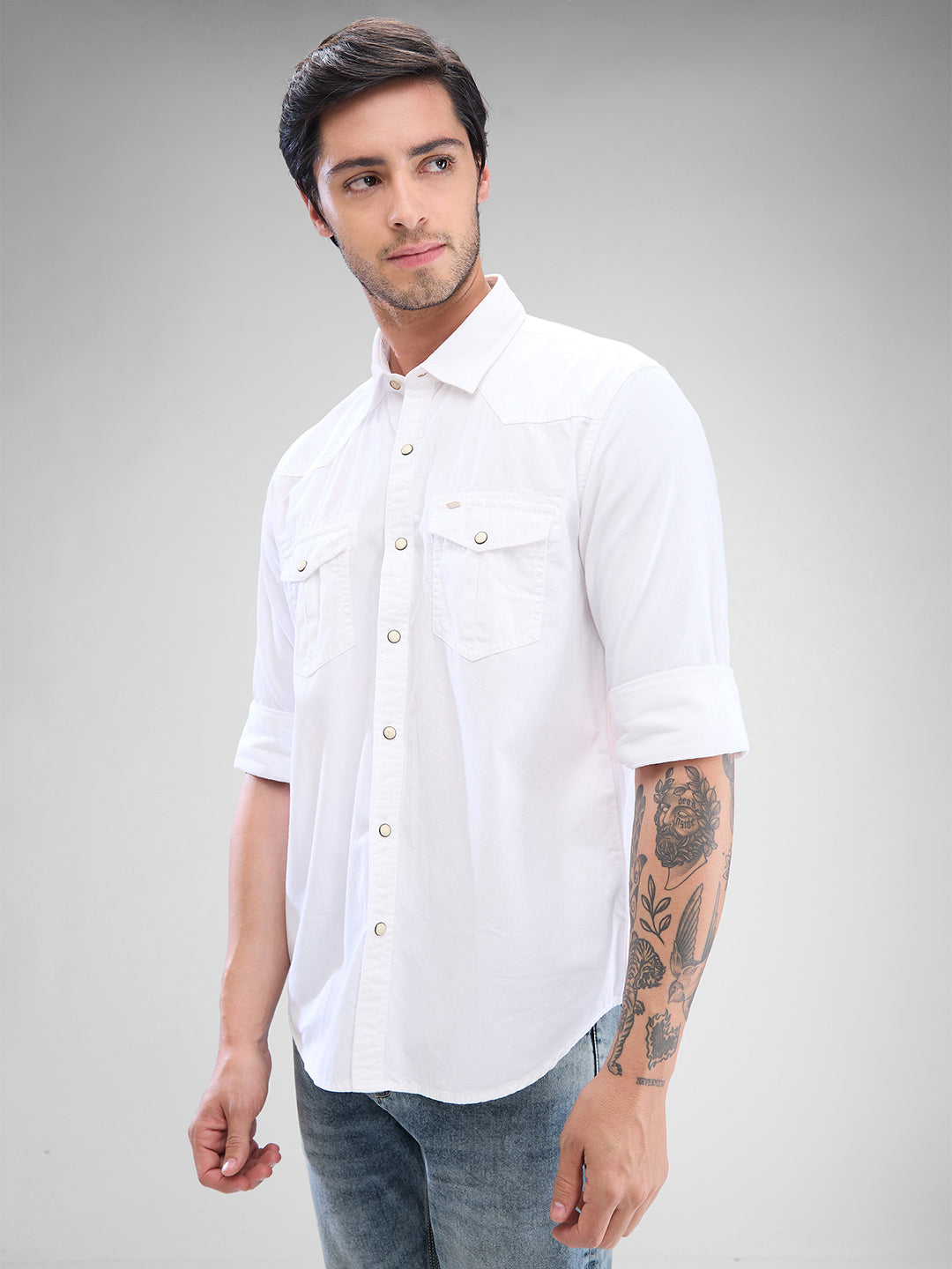 Spykar White Cotton Full Sleeve Raised Collar Shirt For Men