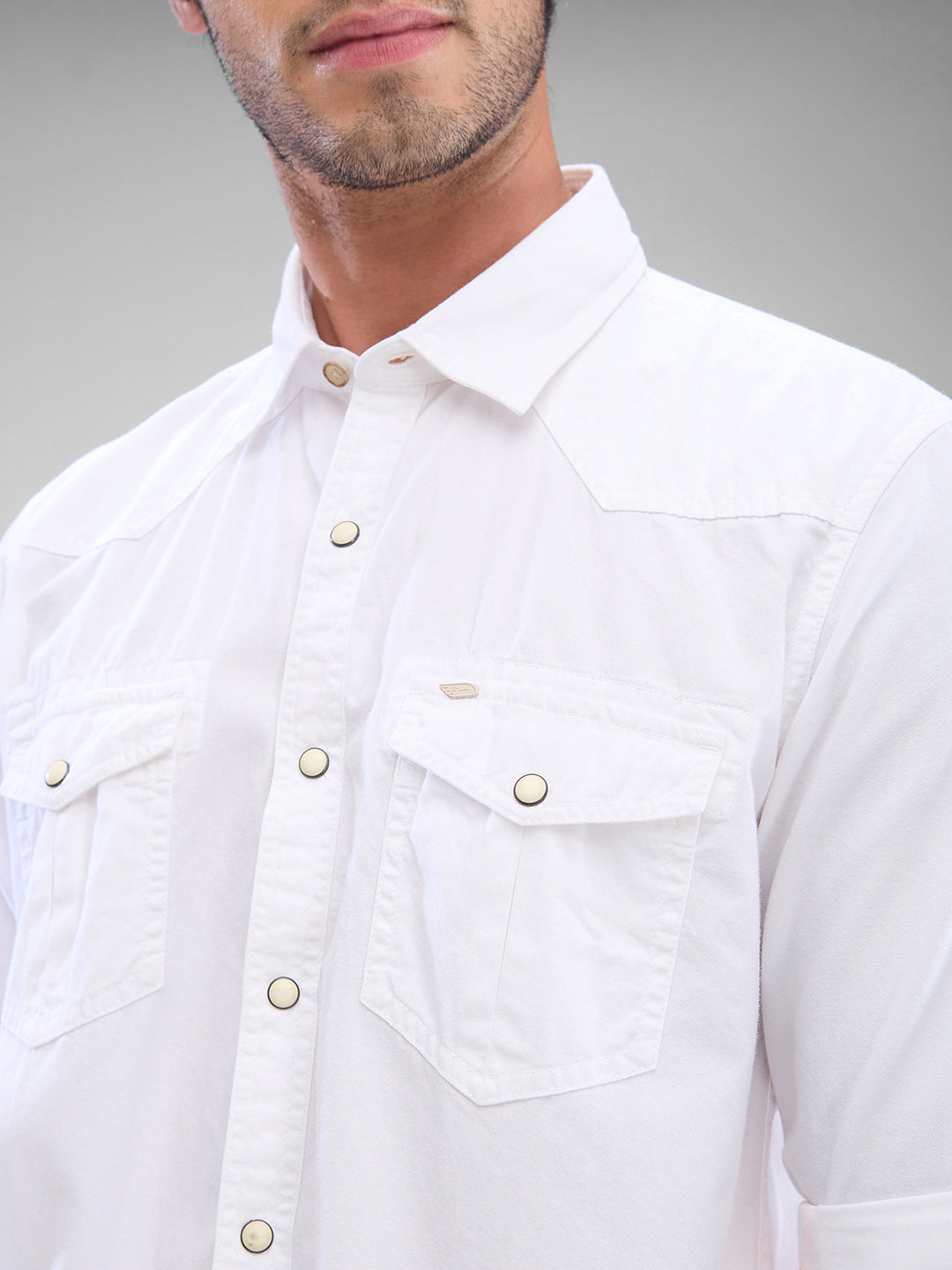 Spykar White Cotton Full Sleeve Raised Collar Shirt For Men