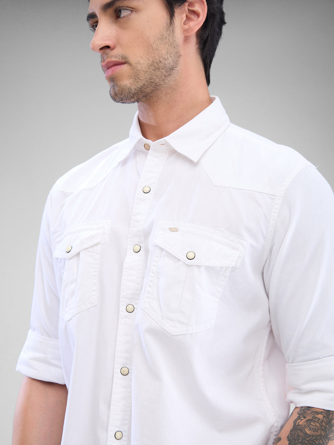 Spykar White Cotton Full Sleeve Raised Collar Shirt For Men