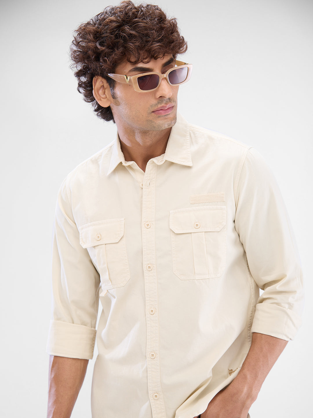 Spykar Cream White Cotton Full Sleeve Raised Collar Shirt For Men