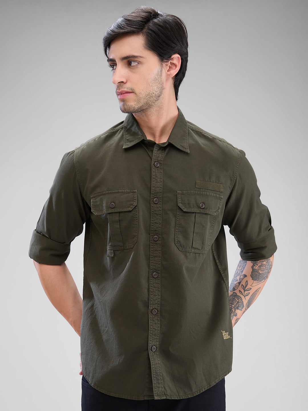 Spykar Rifle Green Cotton Full Sleeve Raised Collar Shirt For Men