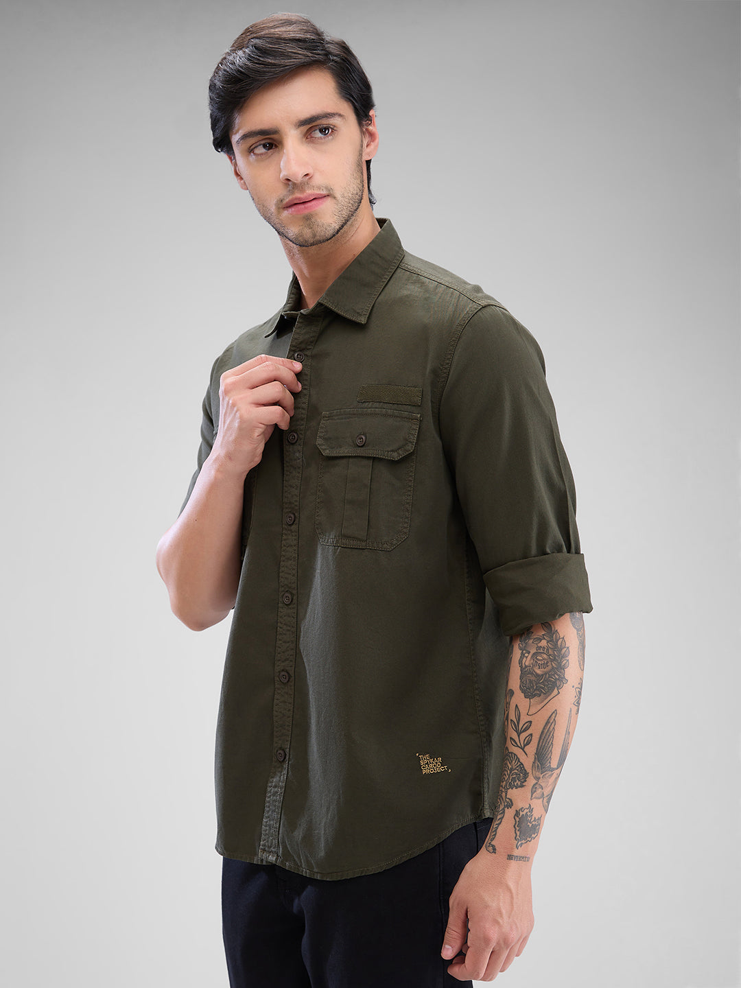 Spykar Rifle Green Cotton Full Sleeve Raised Collar Shirt For Men