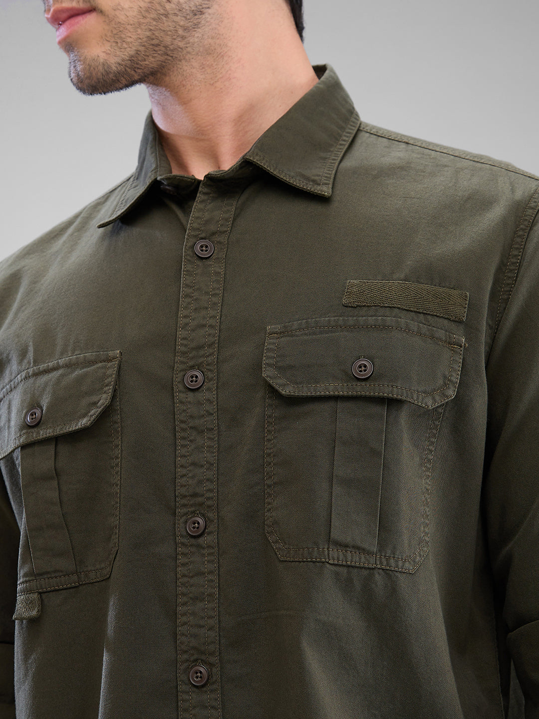 Spykar Rifle Green Cotton Full Sleeve Raised Collar Shirt For Men