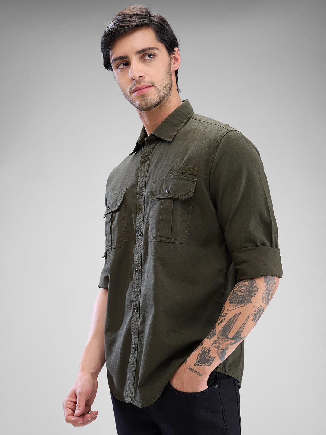 Spykar Rifle Green Cotton Full Sleeve Raised Collar Shirt For Men