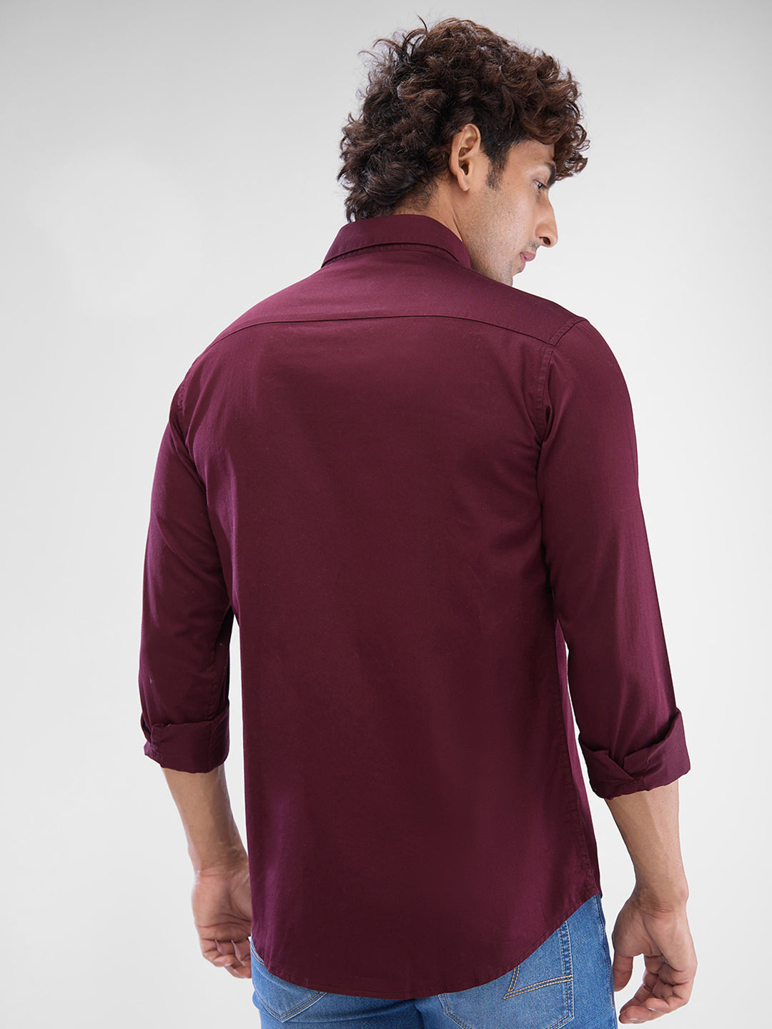 Spykar Deep Wine Red Satin Full Sleeve Raised Collar Shirt For Men