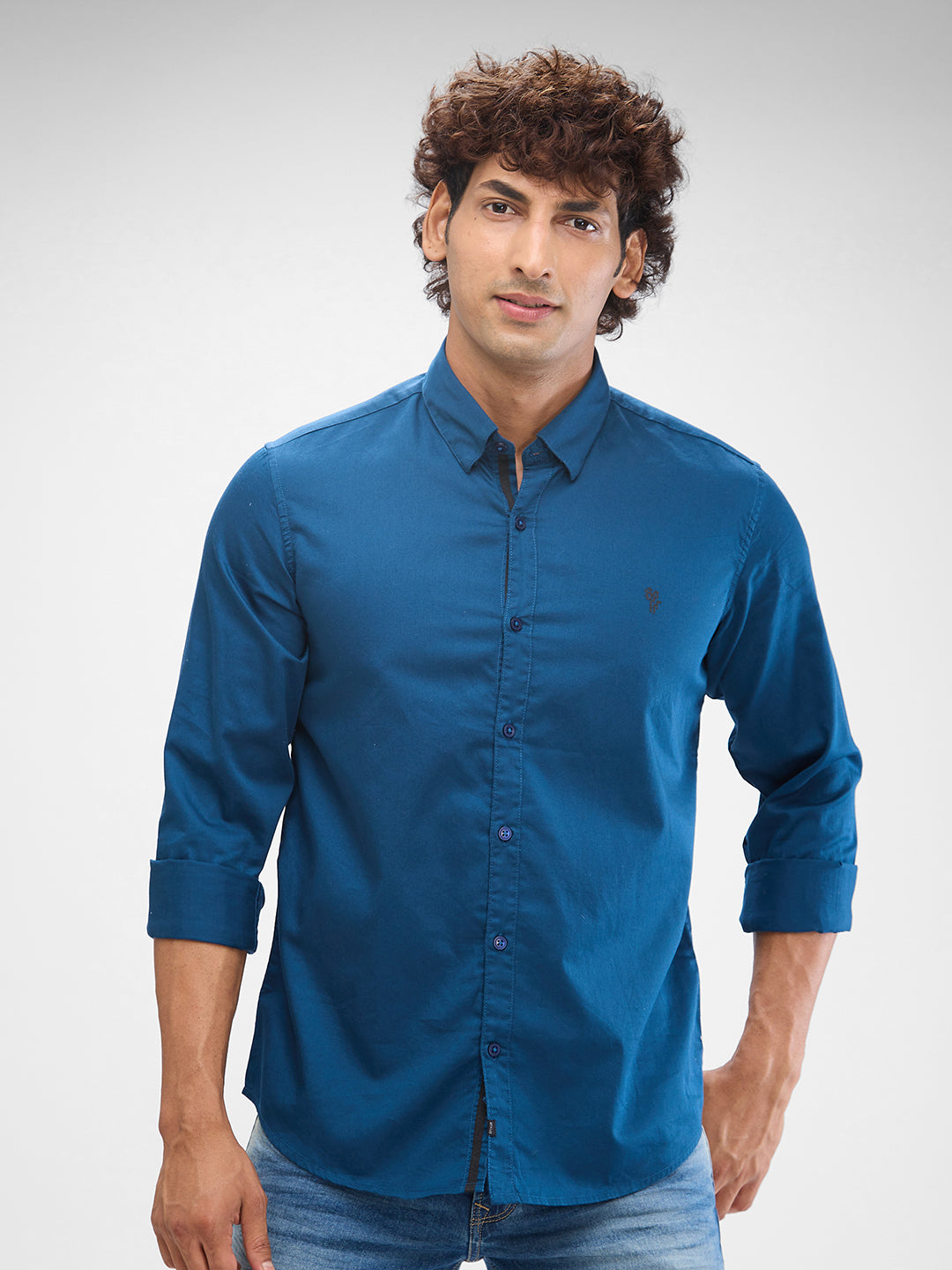 Spykar Teal Green Satin Full Sleeve Raised Collar Shirt For Men