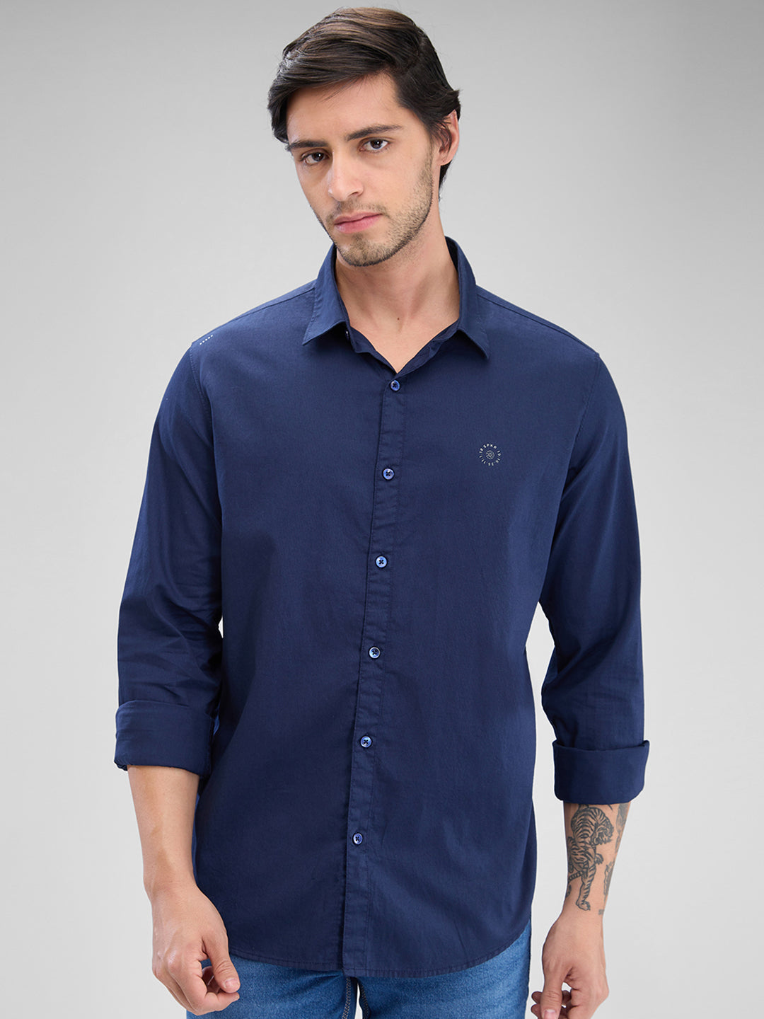 Spykar Navy Blue Cotton Full Sleeve Raised Collar Shirt For Men