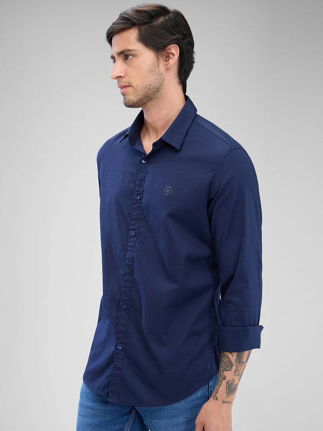 Spykar Navy Blue Cotton Full Sleeve Raised Collar Shirt For Men