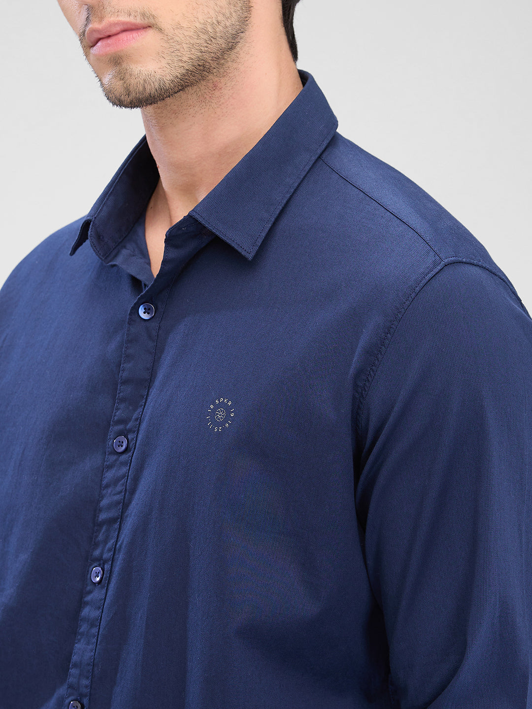 Spykar Navy Blue Cotton Full Sleeve Raised Collar Shirt For Men