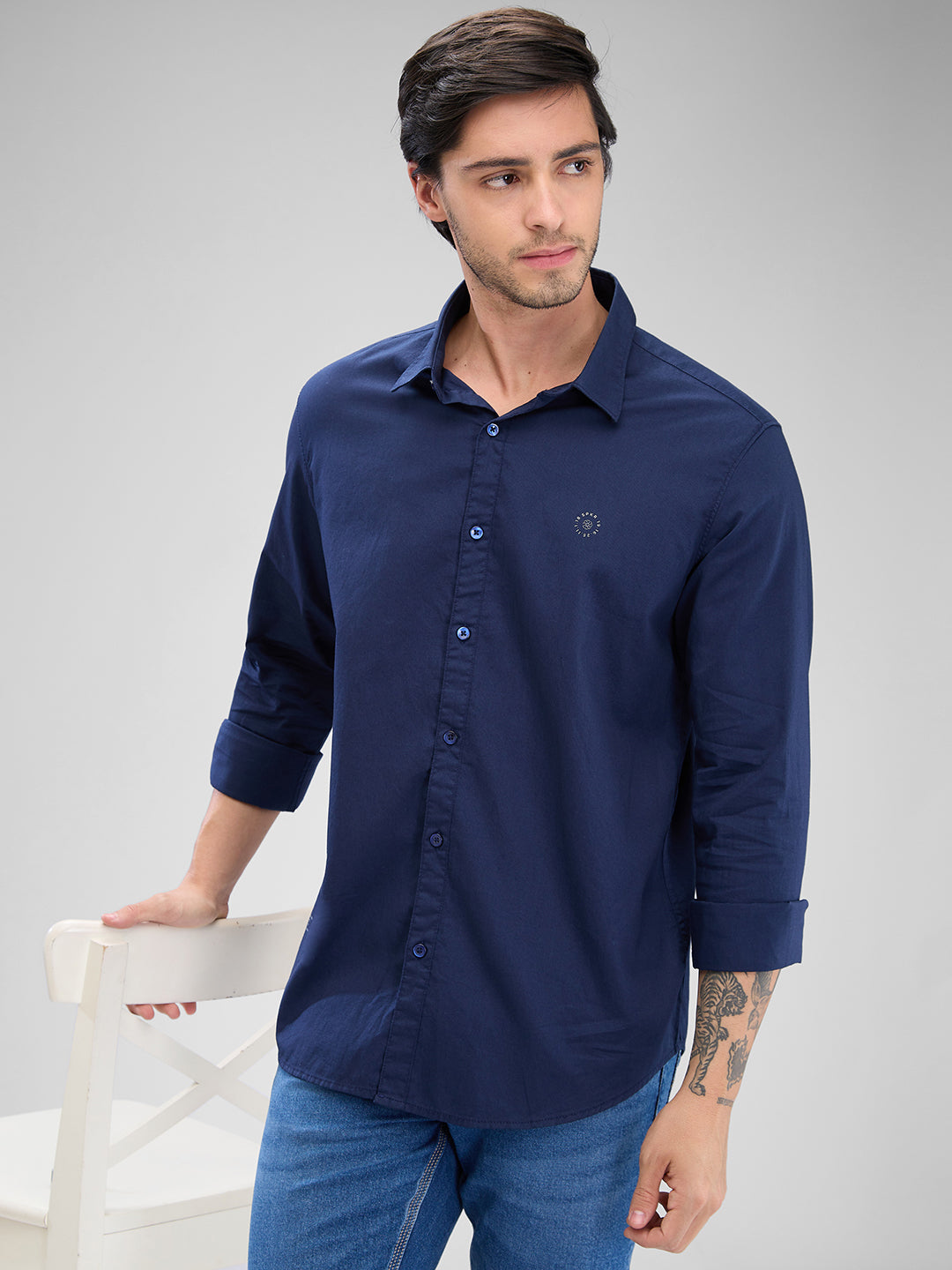 Spykar Navy Blue Cotton Full Sleeve Raised Collar Shirt For Men