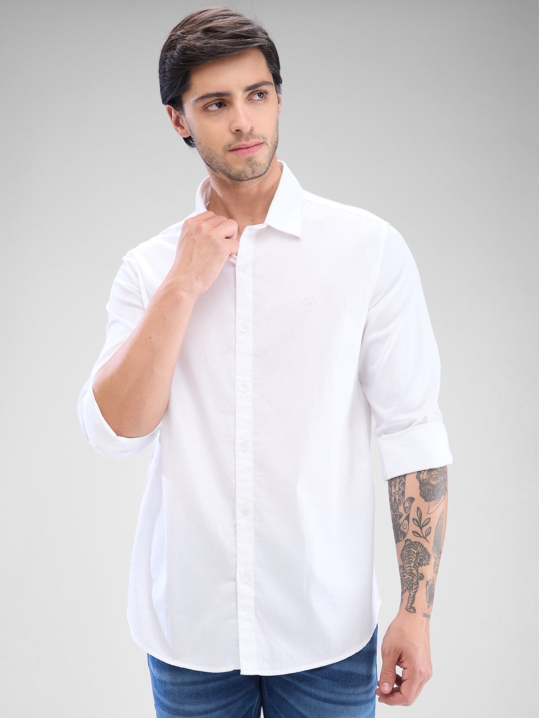 Spykar White Cotton Full Sleeve Raised Collar Shirt For Men