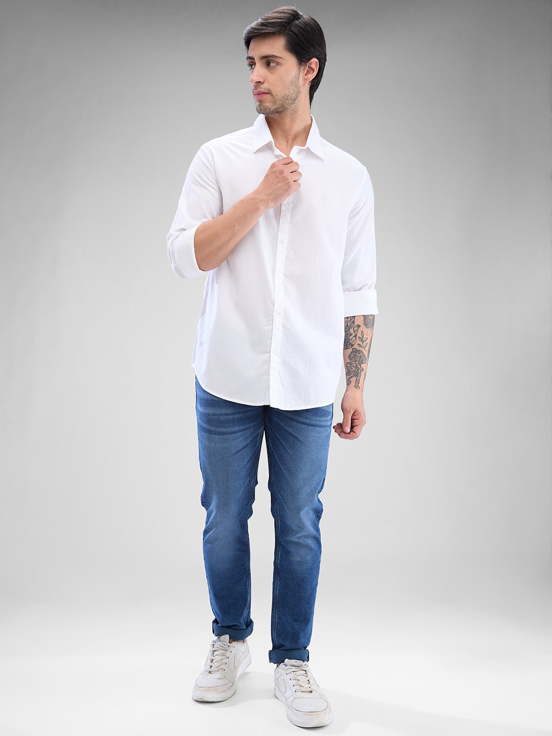 Spykar White Cotton Full Sleeve Raised Collar Shirt For Men