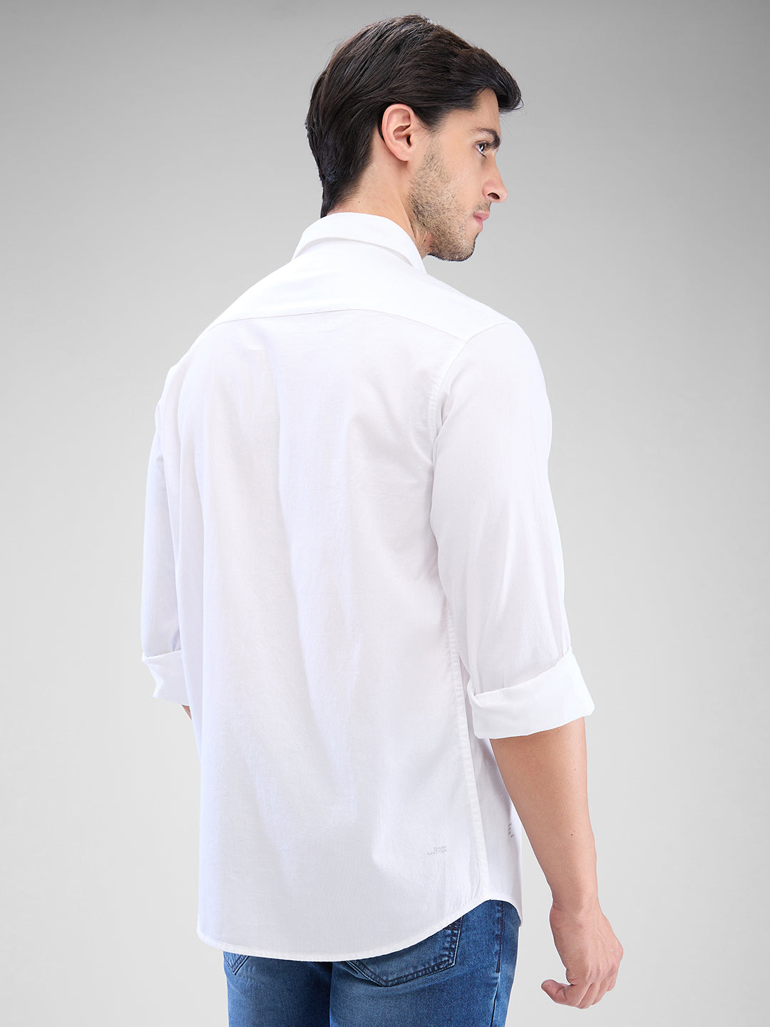 Spykar White Cotton Full Sleeve Raised Collar Shirt For Men