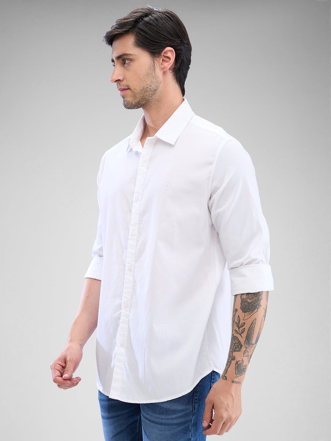 Spykar White Cotton Full Sleeve Raised Collar Shirt For Men