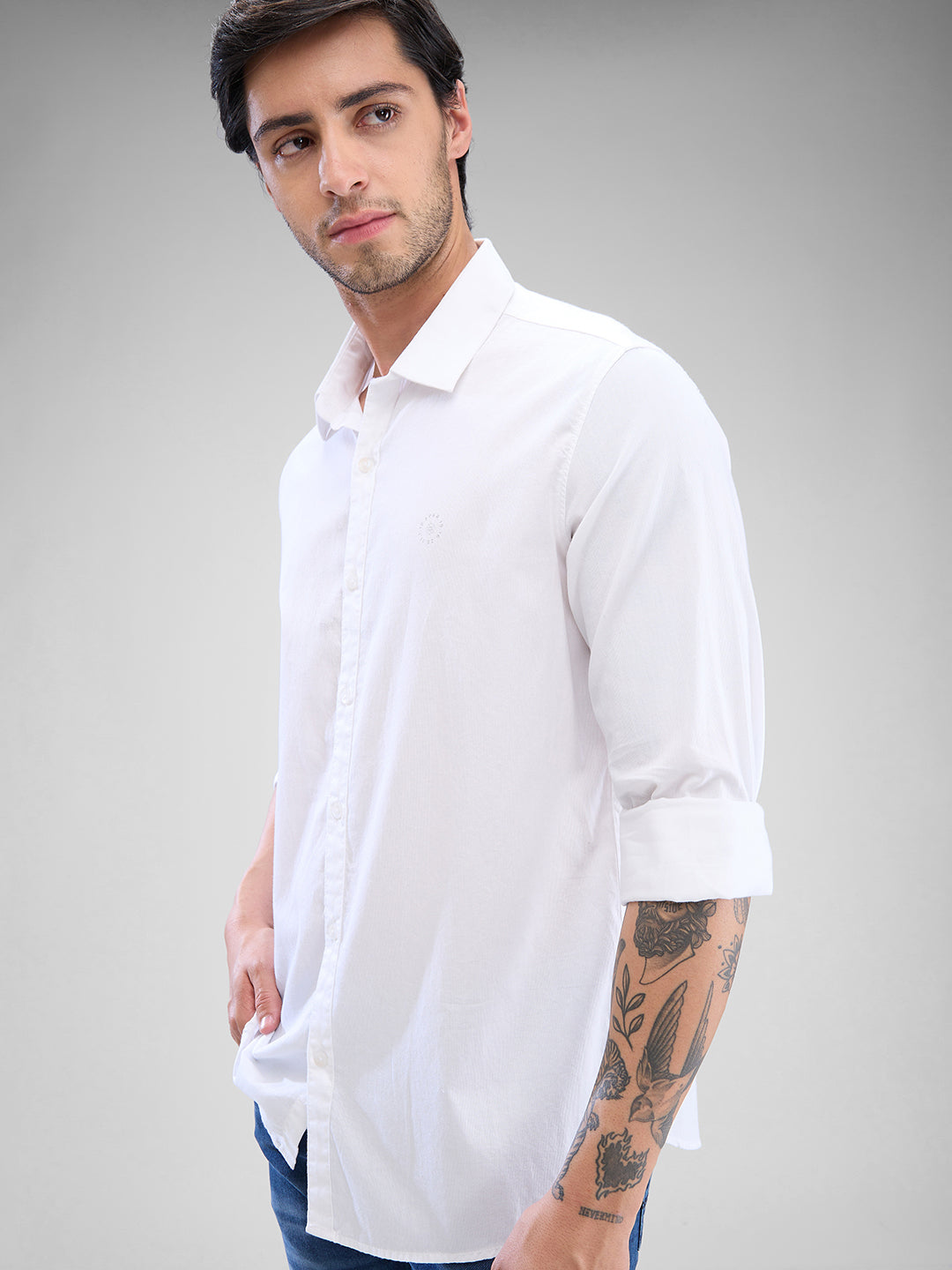 Spykar White Cotton Full Sleeve Raised Collar Shirt For Men