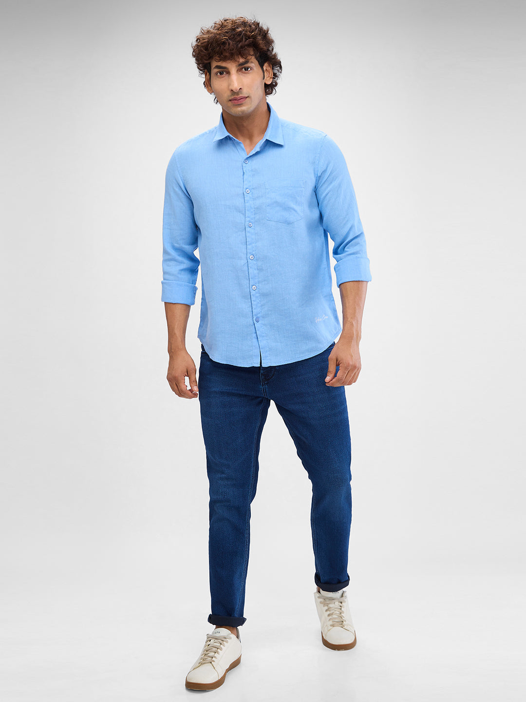 Spykar Air Force Blue Linen Full Sleeve Raised Collar Shirt For Men