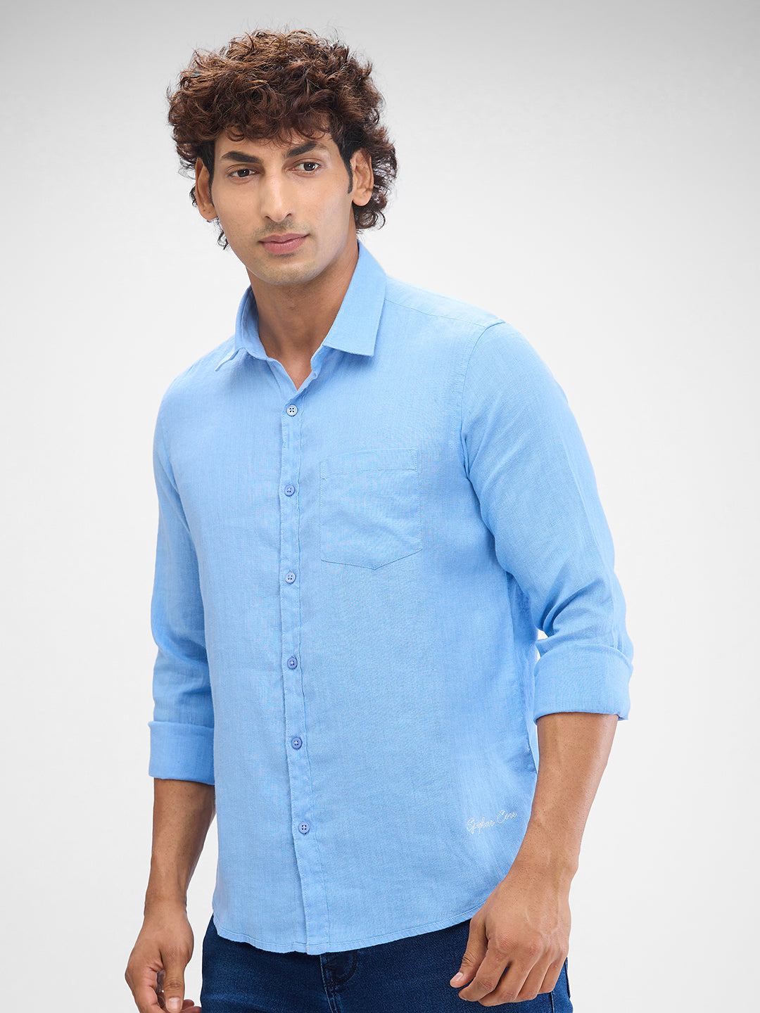 Spykar Air Force Blue Linen Full Sleeve Raised Collar Shirt For Men