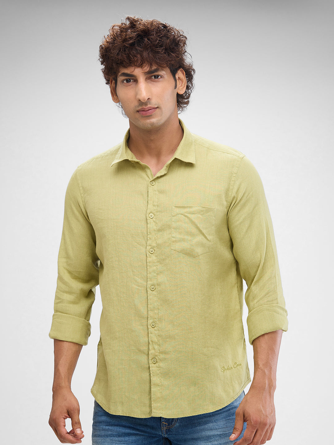 Spykar Beechnut Green Linen Full Sleeve Raised Collar Shirt For Men