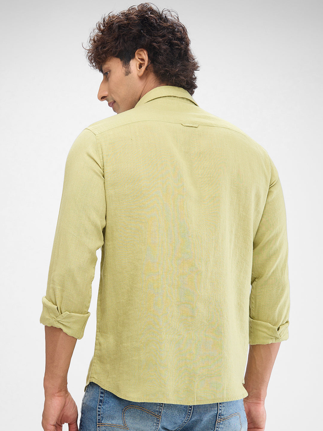 Spykar Beechnut Green Linen Full Sleeve Raised Collar Shirt For Men