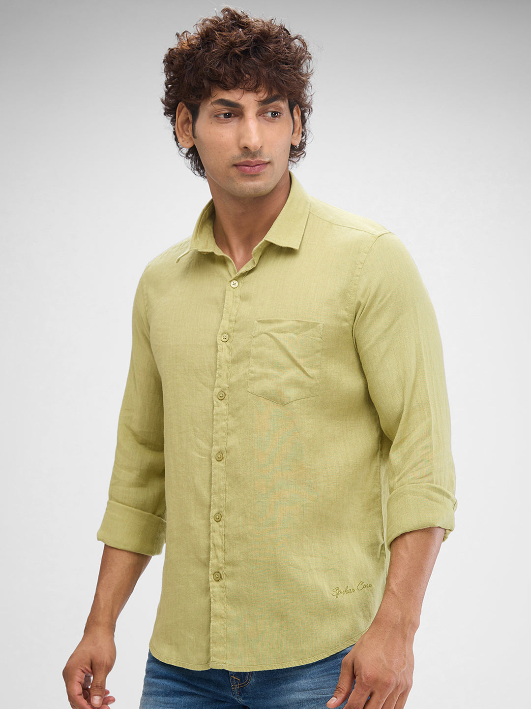 Spykar Beechnut Green Linen Full Sleeve Raised Collar Shirt For Men