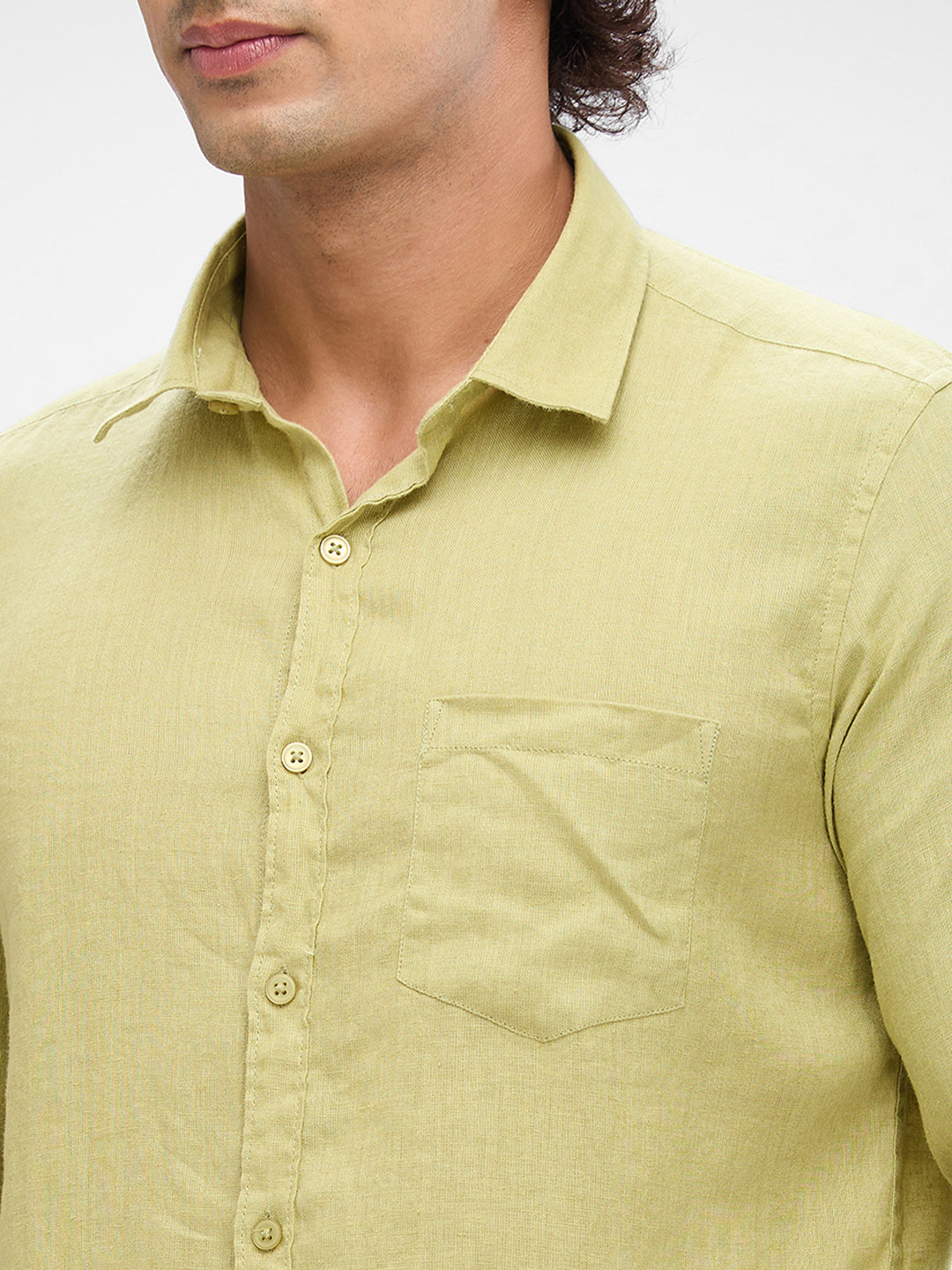 Spykar Beechnut Green Linen Full Sleeve Raised Collar Shirt For Men