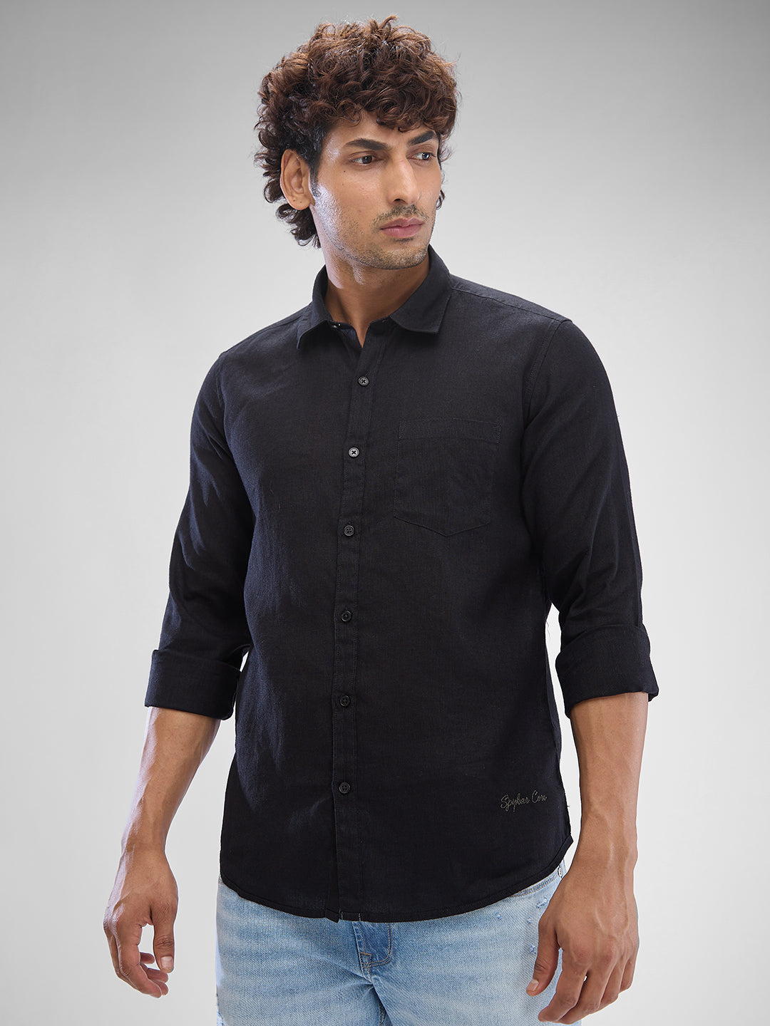 Spykar Black Linen Full Sleeve Raised Collar Shirt For Men