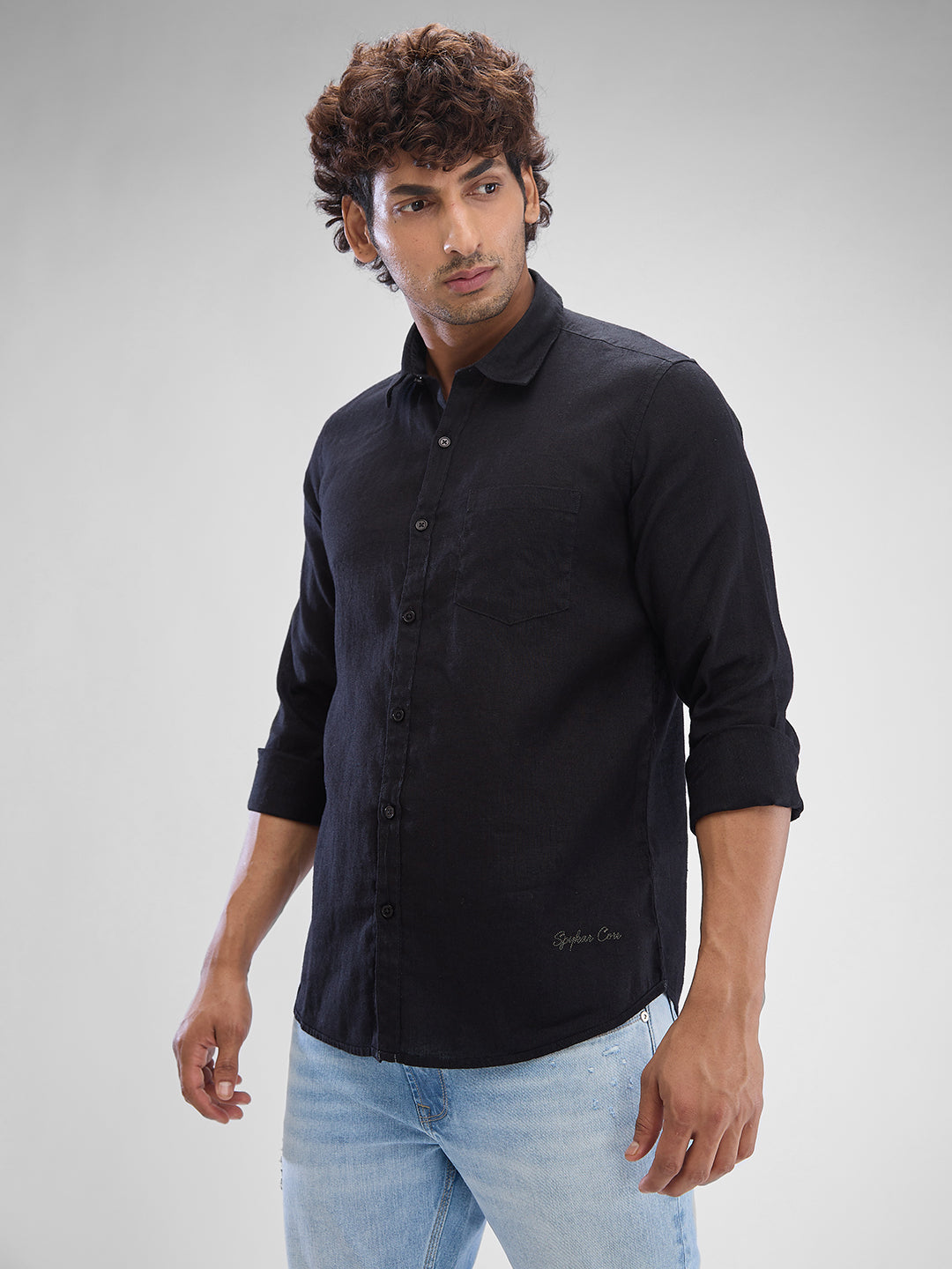 Spykar Black Linen Full Sleeve Raised Collar Shirt For Men