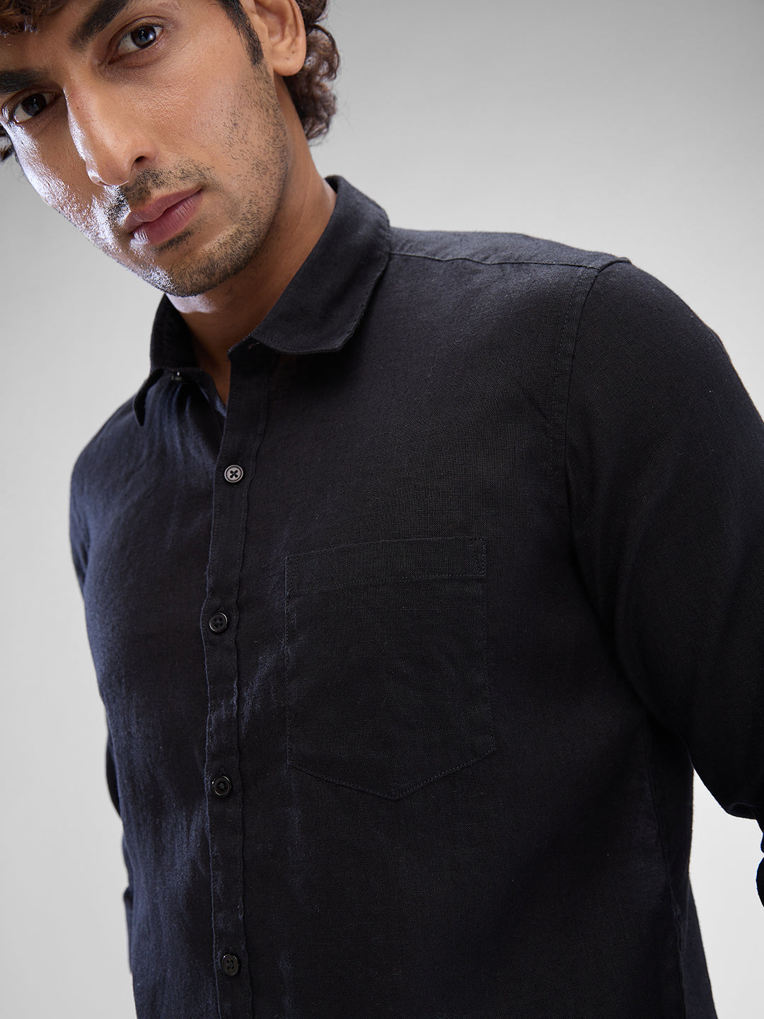 Spykar Black Linen Full Sleeve Raised Collar Shirt For Men