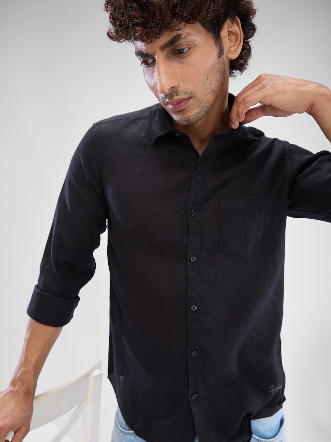 Spykar Black Linen Full Sleeve Raised Collar Shirt For Men