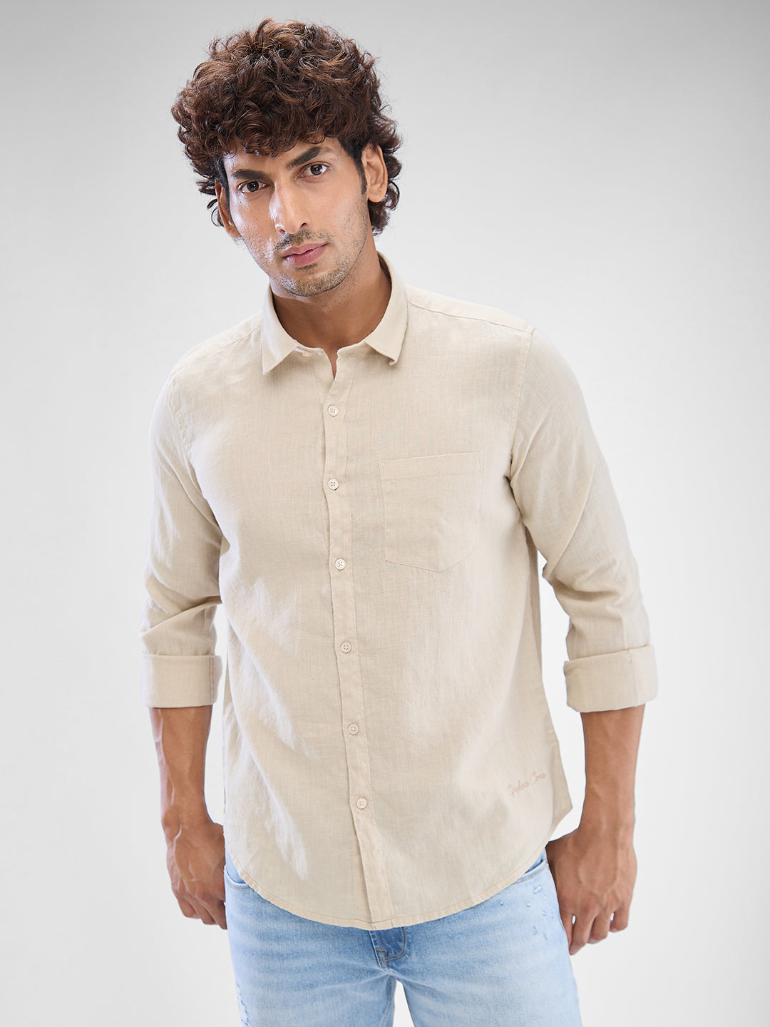 Spykar Cream White Linen Full Sleeve Raised Collar Shirt For Men