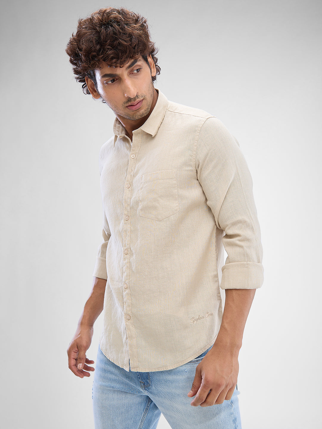 Spykar Cream White Linen Full Sleeve Raised Collar Shirt For Men