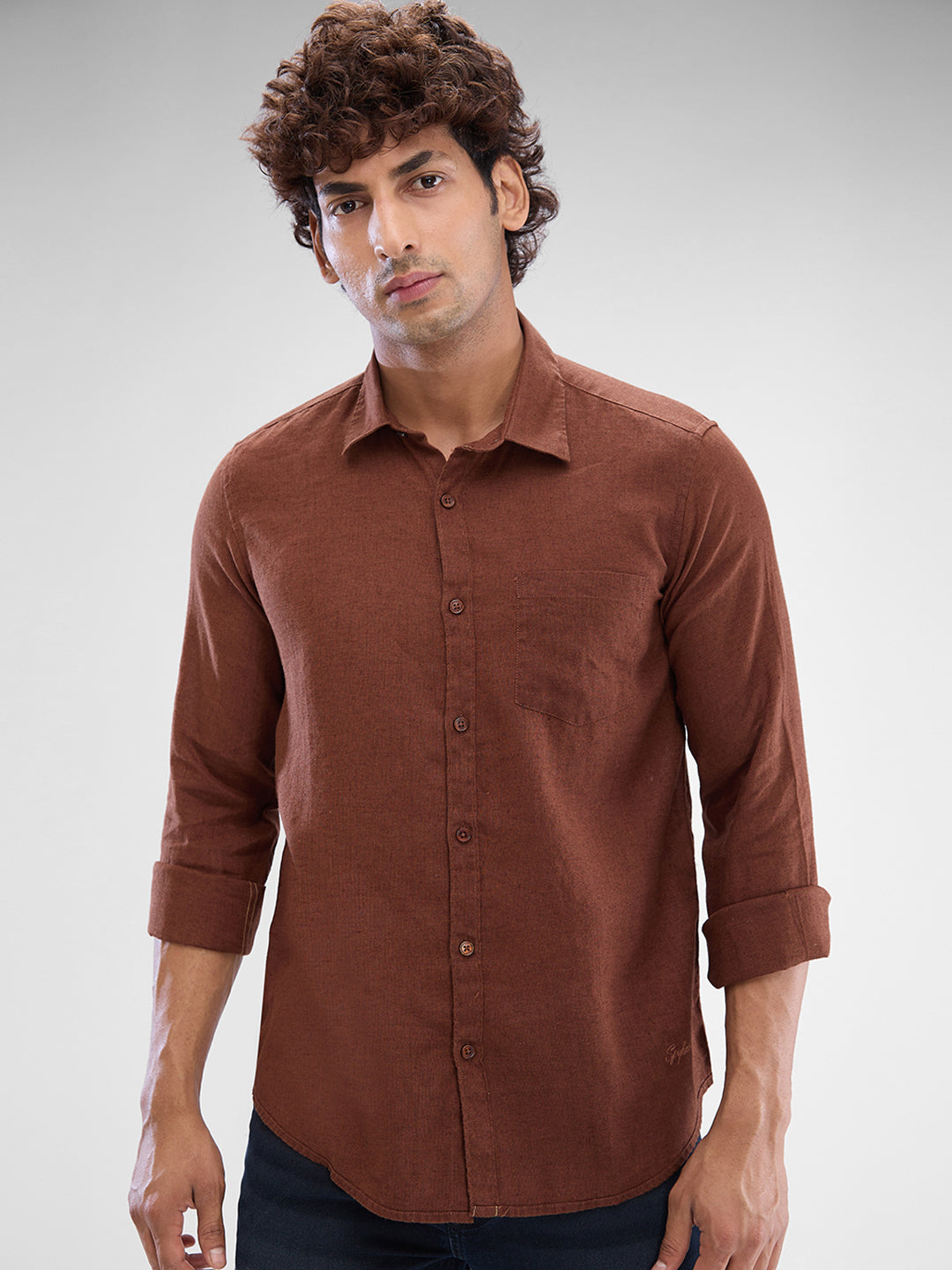 Spykar Friar Brown Linen Full Sleeve  Shirt For Men