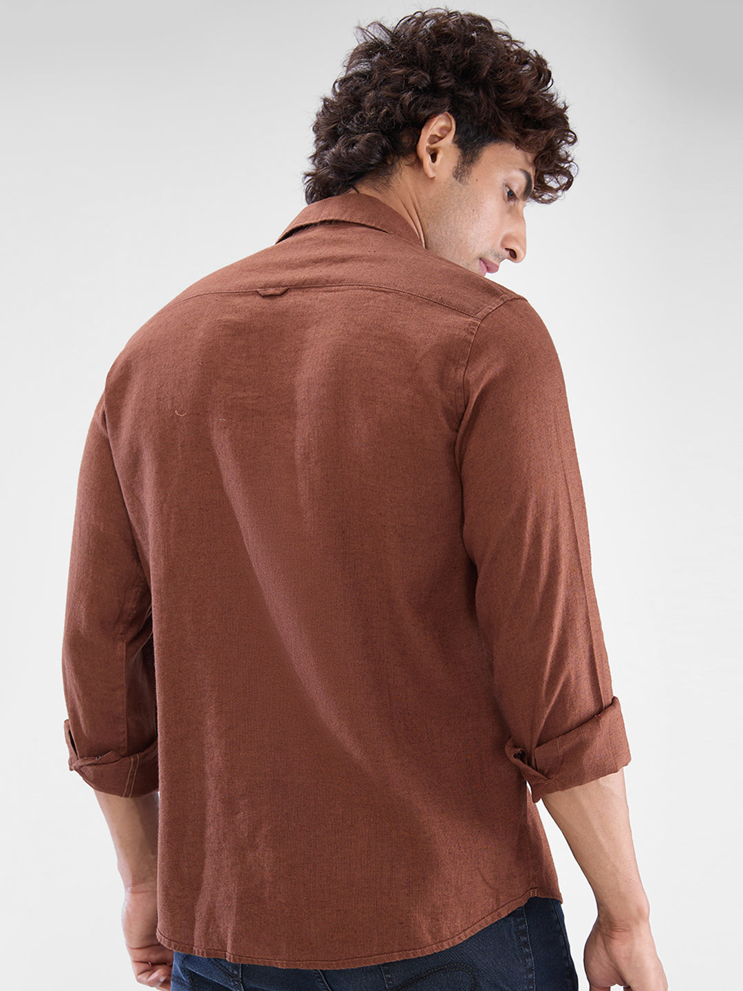 Spykar Friar Brown Linen Full Sleeve  Shirt For Men