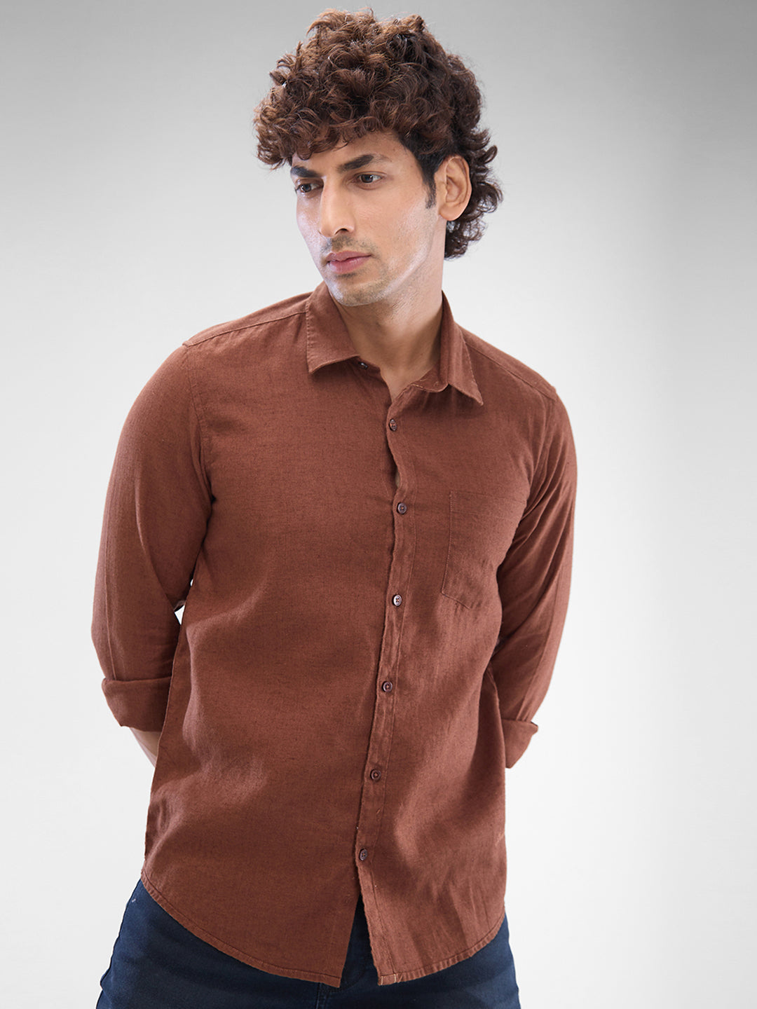 Spykar Friar Brown Linen Full Sleeve  Shirt For Men