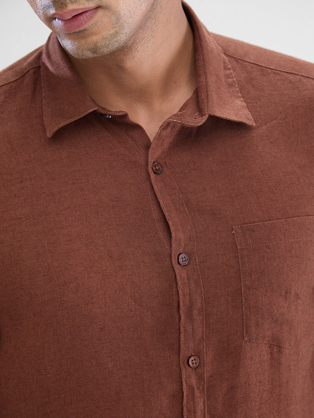 Spykar Friar Brown Linen Full Sleeve  Shirt For Men