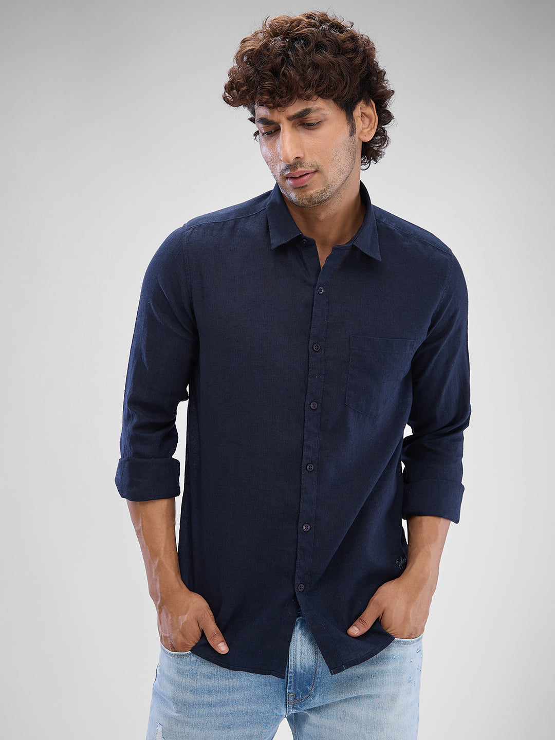 Spykar Navy Blue Linen Full Sleeve Raised Collar Shirt For Men