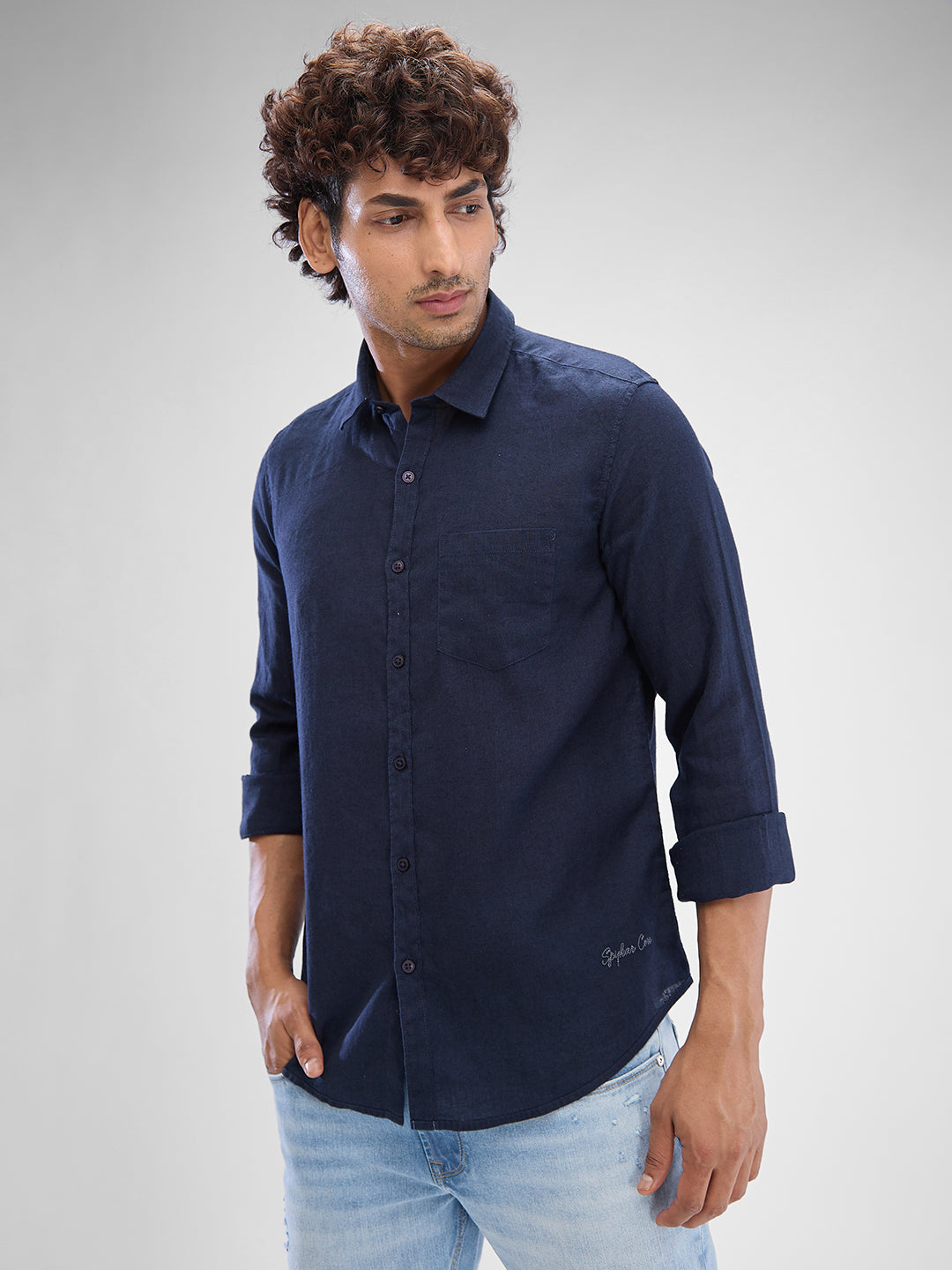 Spykar Navy Blue Linen Full Sleeve Raised Collar Shirt For Men