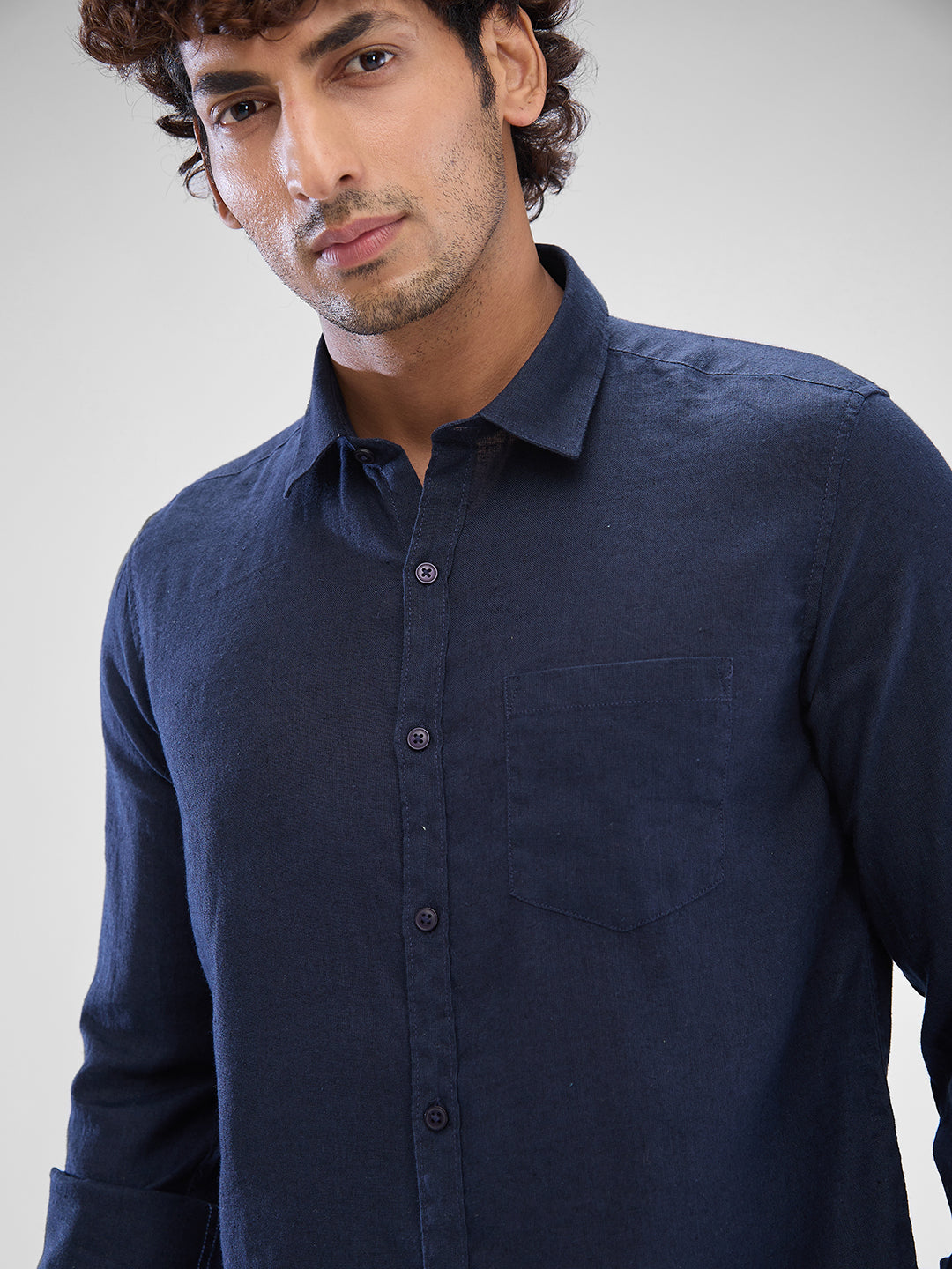 Spykar Navy Blue Linen Full Sleeve Raised Collar Shirt For Men