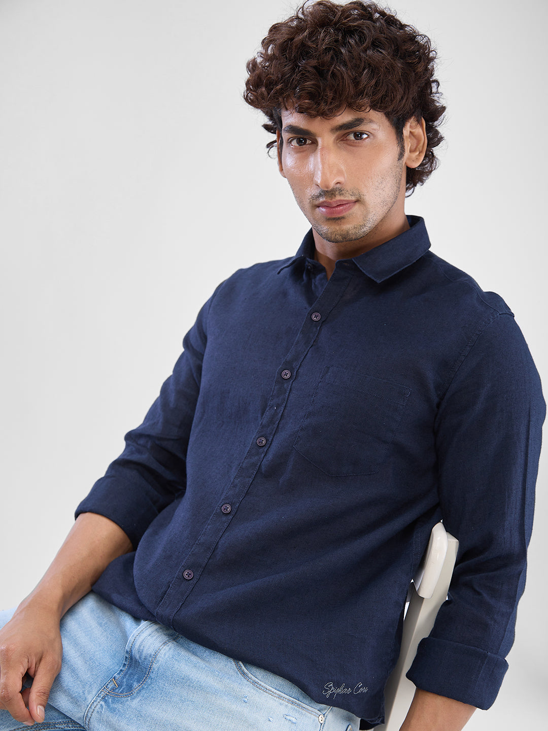 Spykar Navy Blue Linen Full Sleeve Raised Collar Shirt For Men