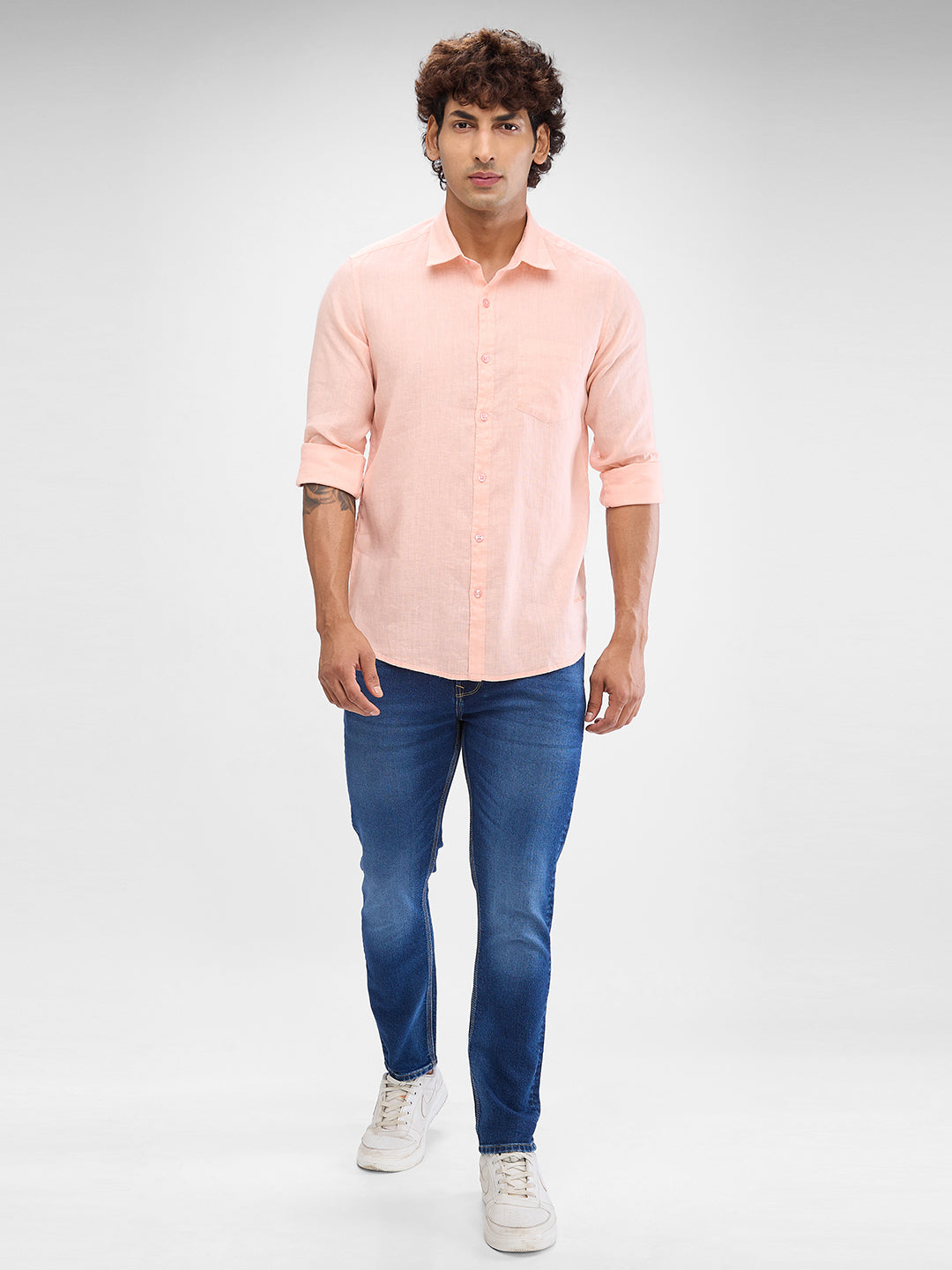 Spykar Rose Cloud Pink Linen Full Sleeve Raised Collar Shirt For Men