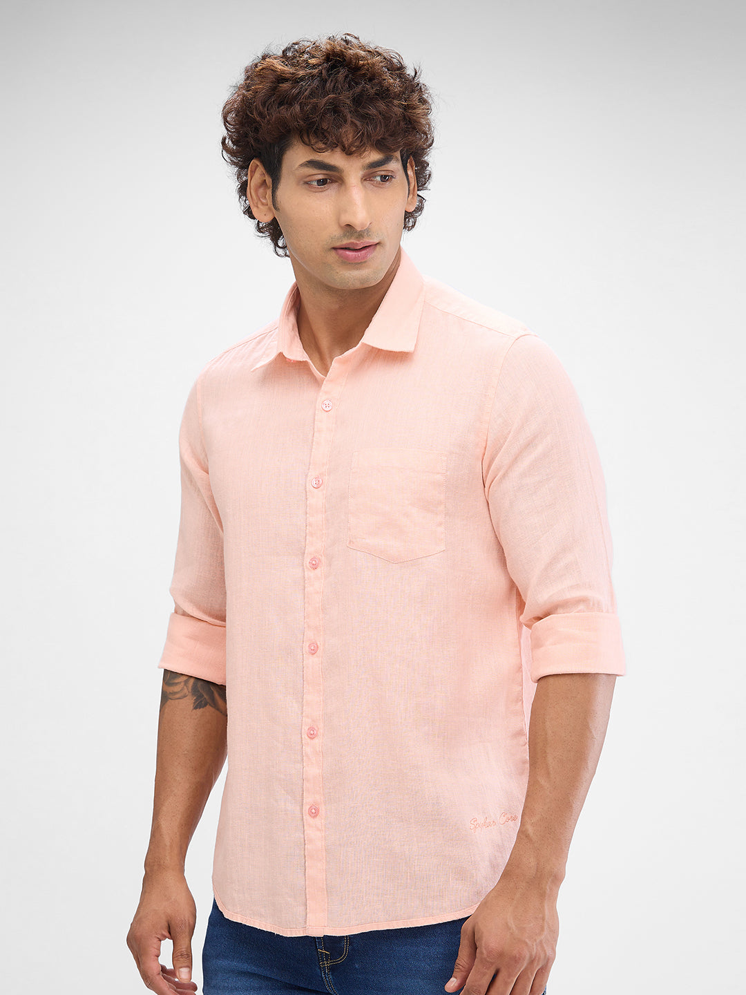 Spykar Rose Cloud Pink Linen Full Sleeve Raised Collar Shirt For Men