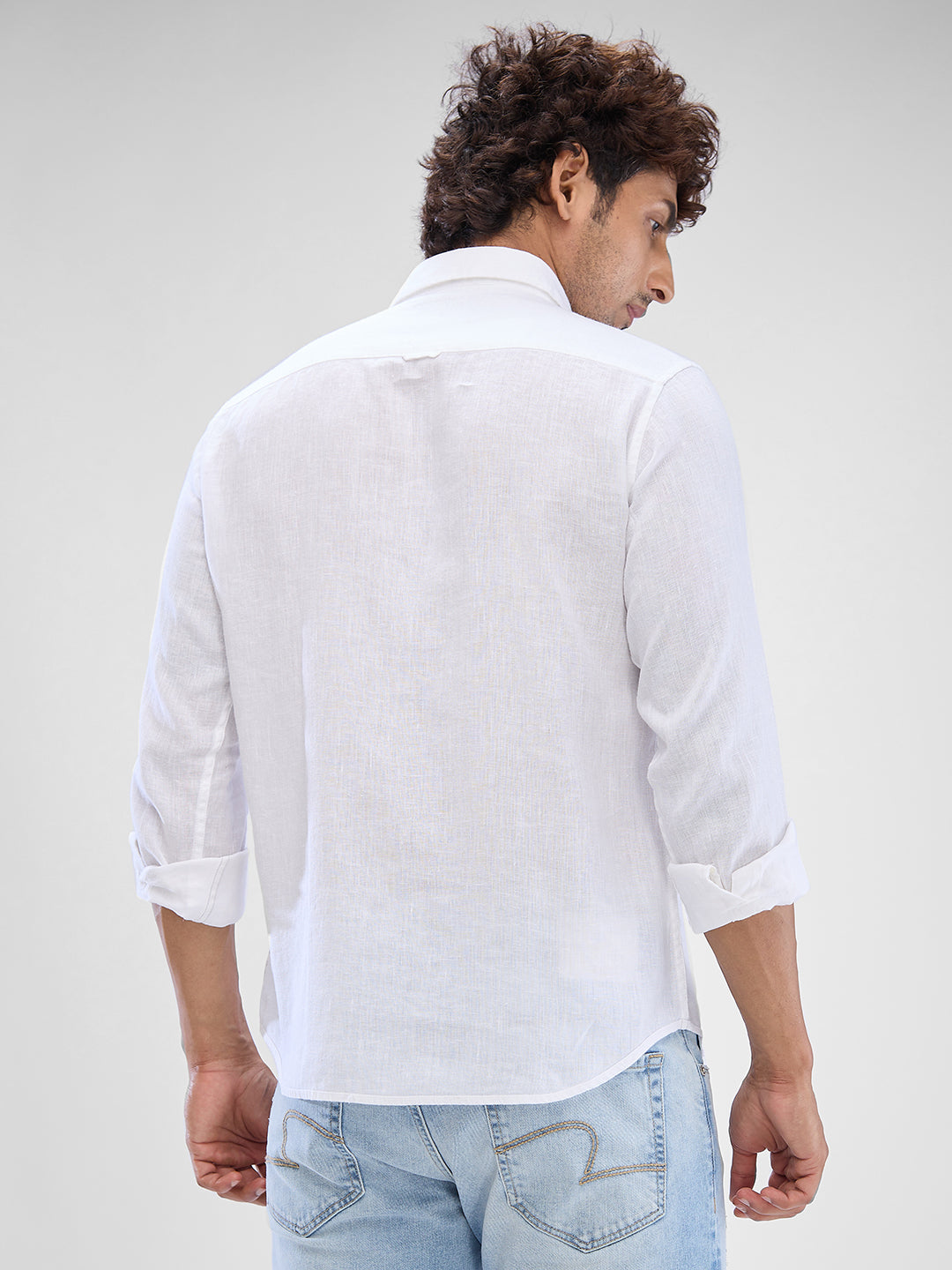 Spykar White Linen Full Sleeve Raised Collar Shirt For Men