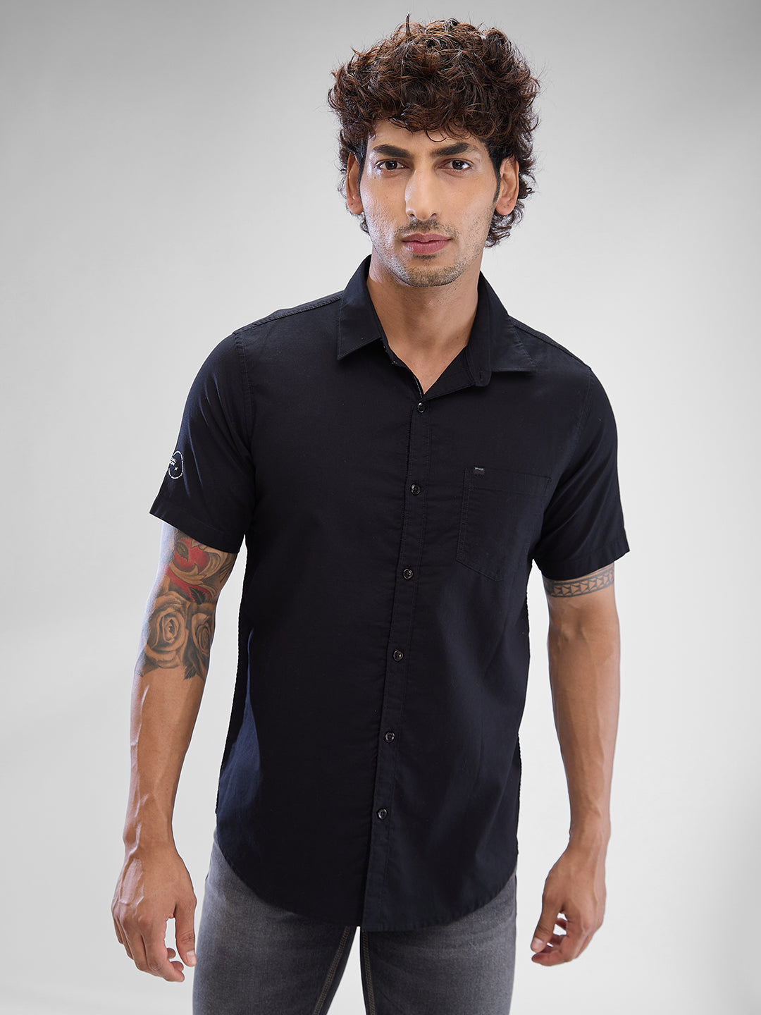 Spykar Black Cotton Half Sleeve Raised Collar Shirt For Men