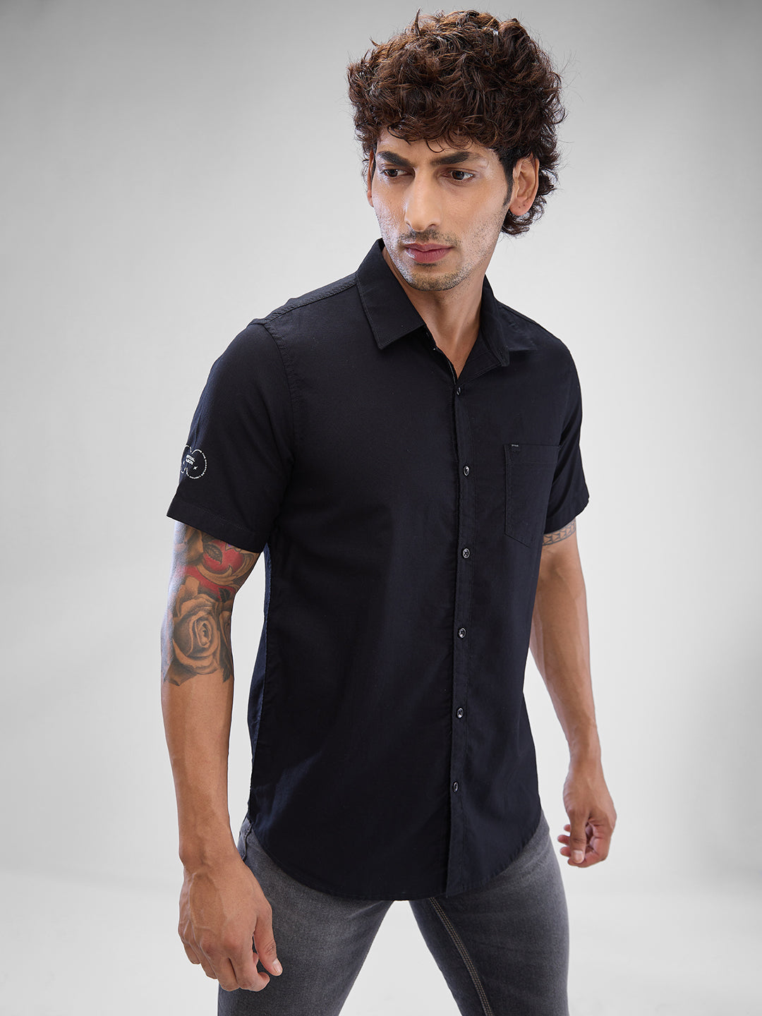 Spykar Black Cotton Half Sleeve Raised Collar Shirt For Men