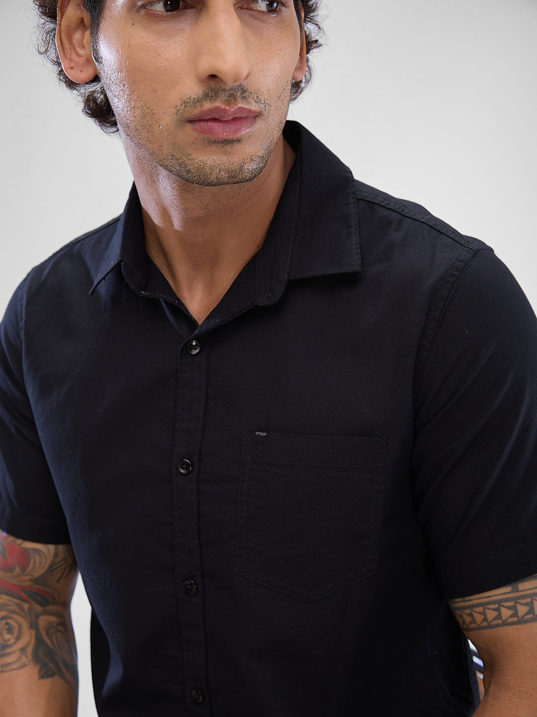 Spykar Black Cotton Half Sleeve Raised Collar Shirt For Men