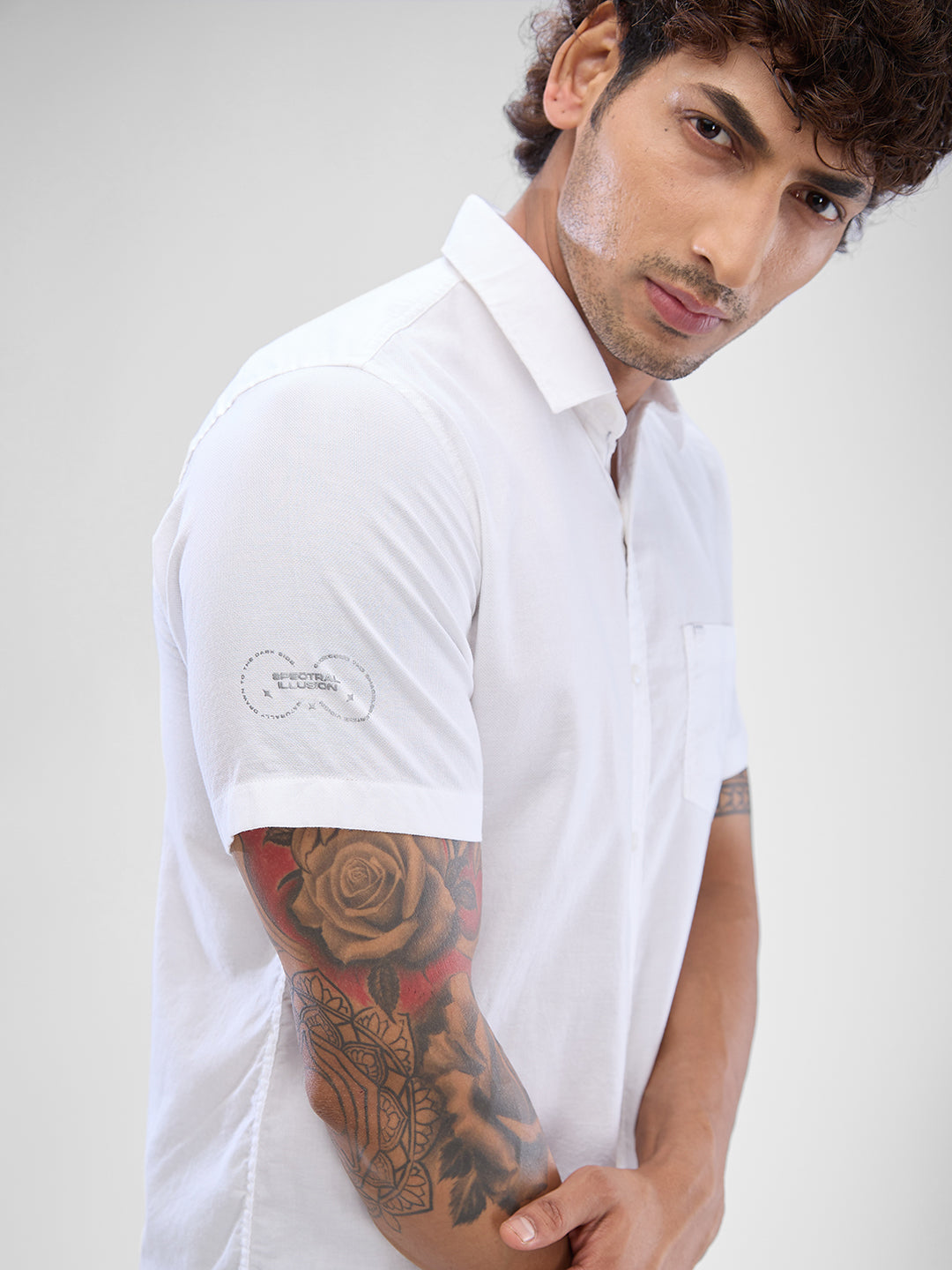 Spykar White Cotton Half Sleeve Raised Collar Shirt For Men